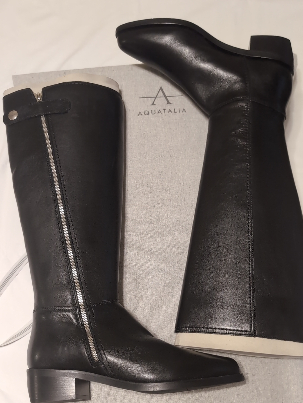 Aquatalia Black Leather Over-the-Knee Boots with Silver Side Zip